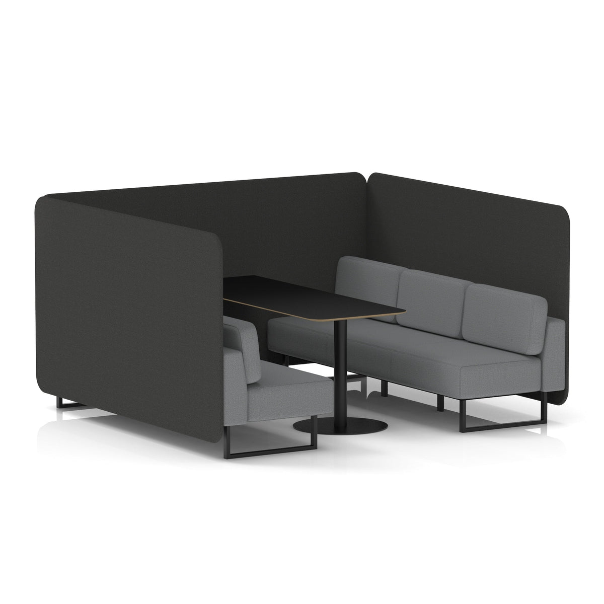 Commercial 6 Seater Privacy Booth – Bench with Black Table – Two Tone – Crib 5 Synergy - Mix Panels And Partner Sofa Black - Industrious Decor