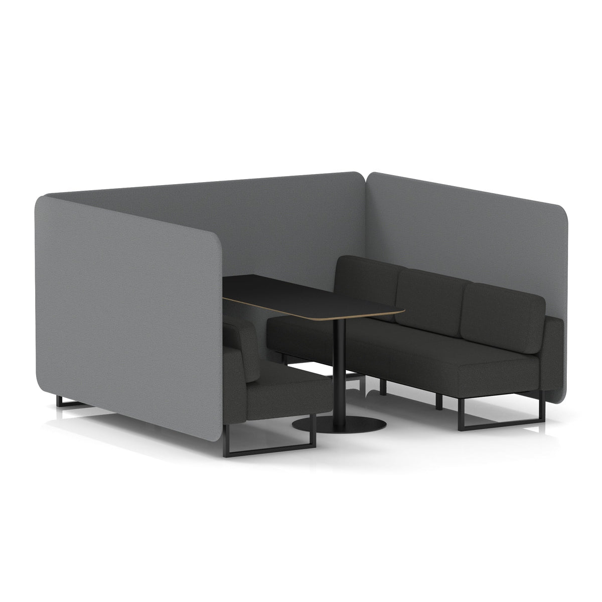 Commercial 6 Seater Privacy Booth – Bench with Black Table – Two Tone – Crib 5 Synergy - Partner Panels And Mix Sofa Black - Industrious Decor