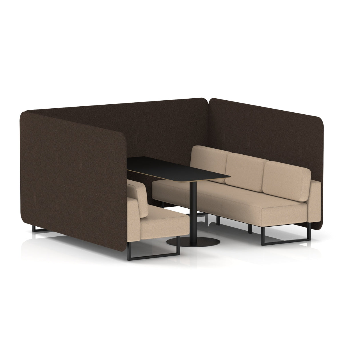 Commercial 6 Seater Privacy Booth – Bench with Black Table – Two Tone – Crib 5 Synergy - Wed Panels And Affix Sofa Black - Industrious Decor