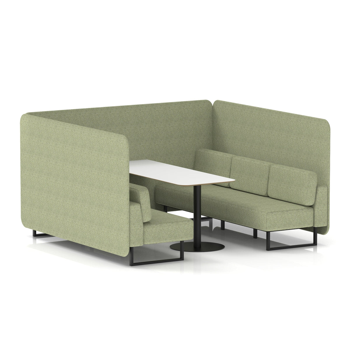 Commercial 6 Seater Privacy Booth – Bench with White Table – Single Tone – Crib 5 Rivet - Burnish Panels And Sofa Black - Industrious Decor