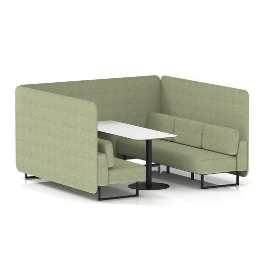 Commercial 6 Seater Privacy Booth – Bench with White Table – Single Tone – Crib 5 Rivet - Burnish Panels And Sofa Black - Industrious Decor