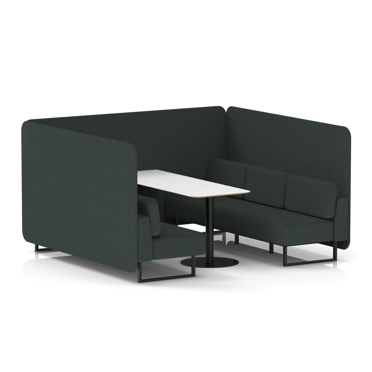 Commercial 6 Seater Privacy Booth – Bench with White Table – Single Tone – Crib 5 Rivet - Charcoal Panels And Sofa Black - Industrious Decor