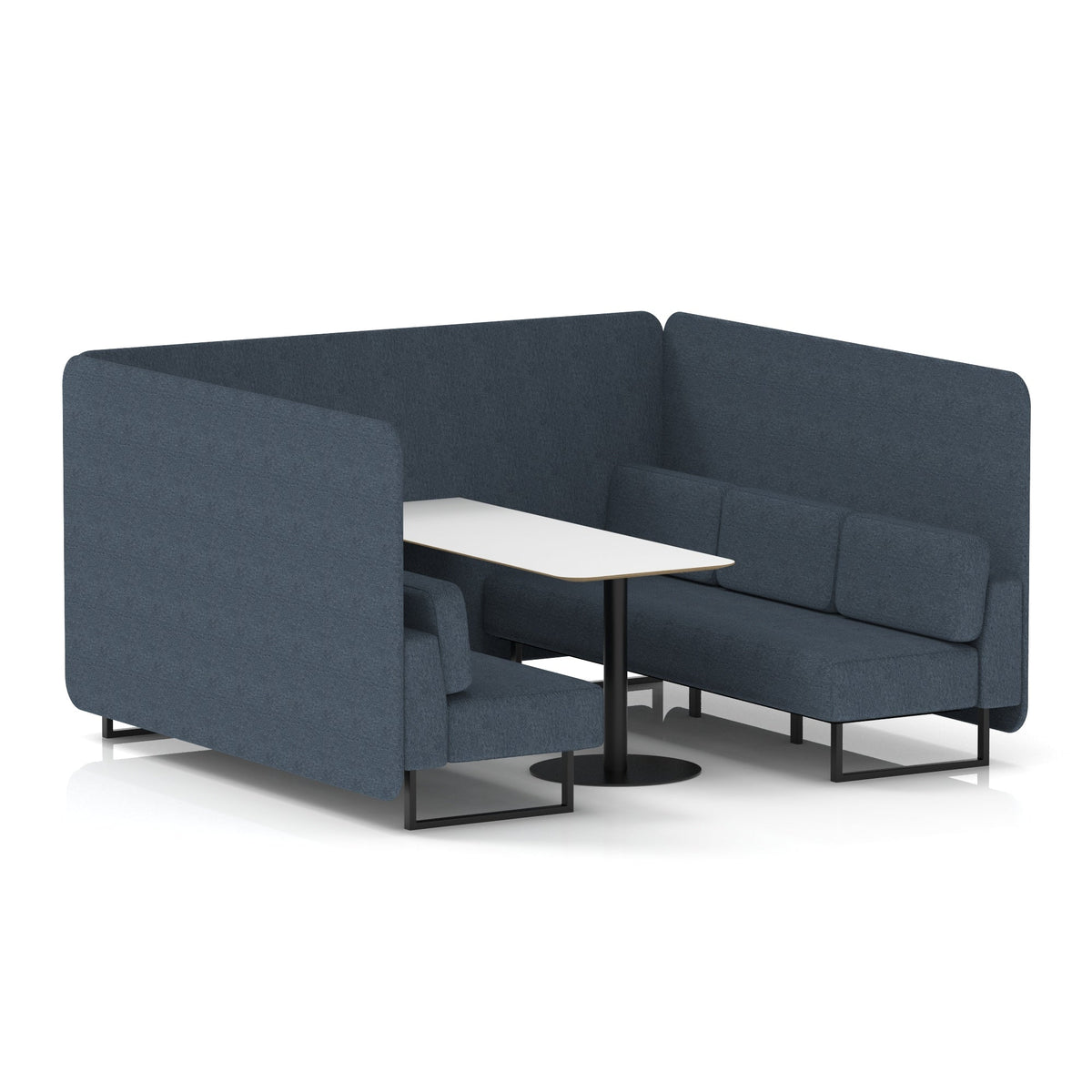 Commercial 6 Seater Privacy Booth – Bench with White Table – Single Tone – Crib 5 Rivet - Crucible Panels And Sofa Black - Industrious Decor