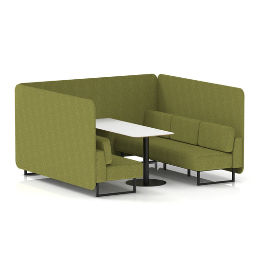 Commercial 6 Seater Privacy Booth – Bench with White Table – Single Tone – Crib 5 Rivet - Olive Panels And Sofa Black - Industrious Decor
