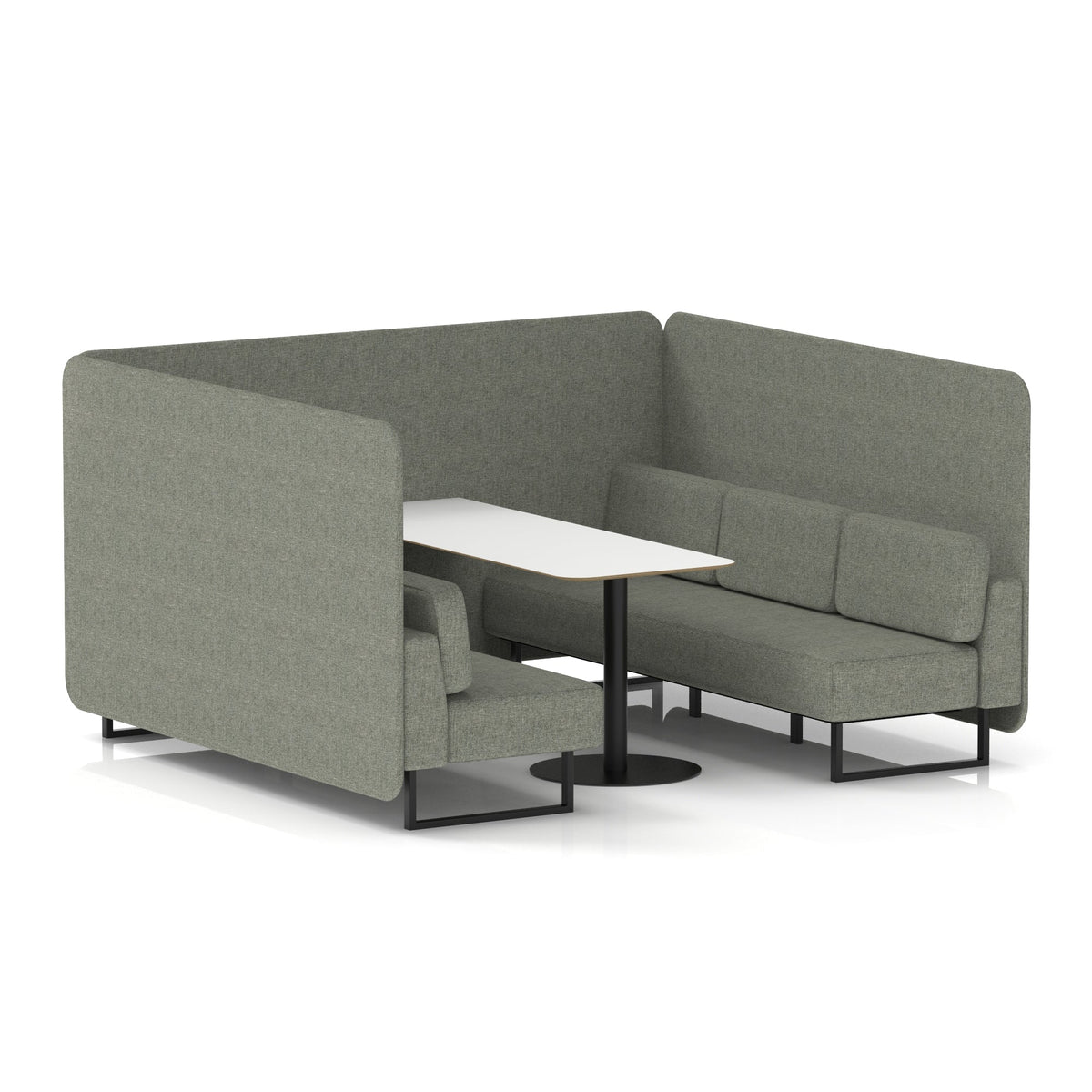 Commercial 6 Seater Privacy Booth – Bench with White Table – Single Tone – Crib 5 Rivet - Vitreous Panels And Sofa Black - Industrious Decor
