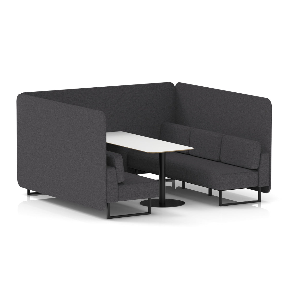 Commercial 6 Seater Privacy Booth – Bench with White Table – Single Tone – Crib 5 X2 - Arithmetic Panels And Sofa Black - Industrious Decor