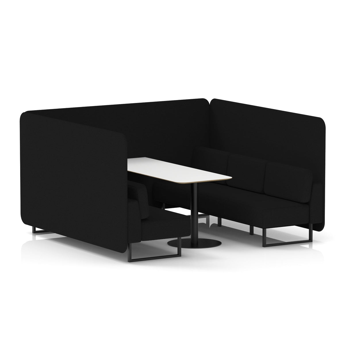Commercial 6 Seater Privacy Booth – Bench with White Table – Single Tone – Crib 5 X2 - Diameter Panels And Sofa Black - Industrious Decor