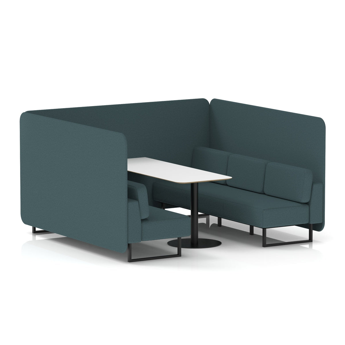 Commercial 6 Seater Privacy Booth – Bench with White Table – Single Tone – Crib 5 X2 - Polygon Panels And Sofa Black - Industrious Decor