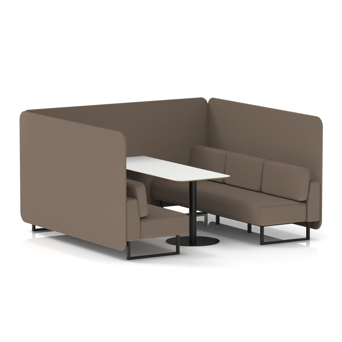 Commercial 6 Seater Privacy Booth – Bench with White Table – Single Tone – Crib 5 X2 - Theory Panels And Sofa Black - Industrious Decor
