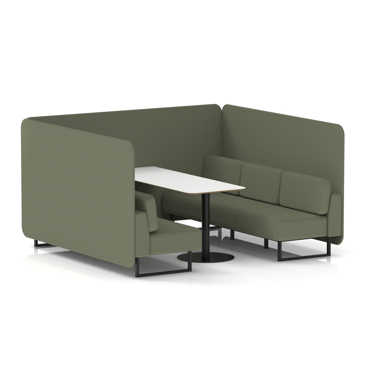Commercial 6 Seater Privacy Booth – Bench with White Table – Single Tone – Crib 5 Main Line Flax - Monument Panels And Sofa Black - Industrious Decor