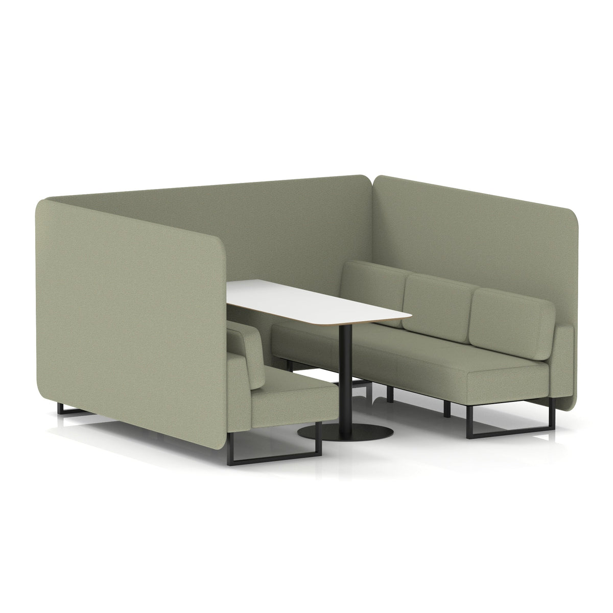 Commercial 6 Seater Privacy Booth – Bench with White Table – Single Tone – Crib 5 Main Line Flax - Newbury Panels And Sofa Black - Industrious Decor