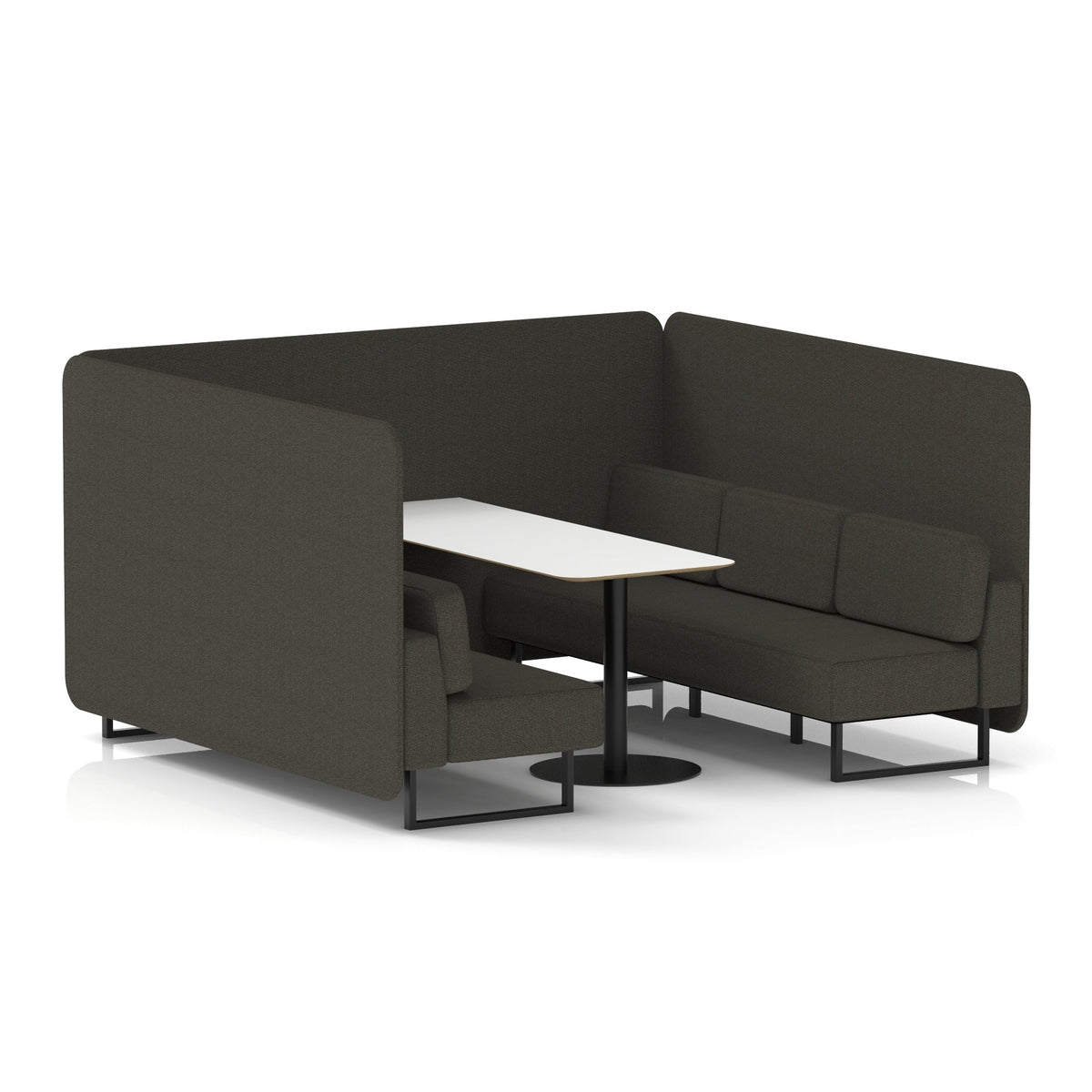 Commercial 6 Seater Privacy Booth – Bench with White Table – Single Tone – Crib 5 Main Line Flax - Temple Panels And Sofa Black - Industrious Decor