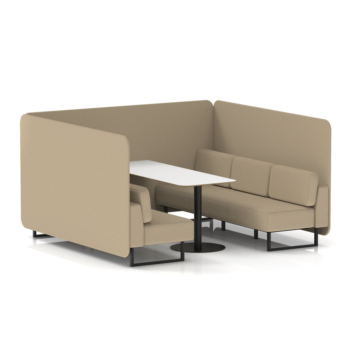 Commercial 6 Seater Privacy Booth – Bench with White Table – Single Tone – Crib 5 Main Line Flax - Upminster Panels And Sofa Black - Industrious Decor