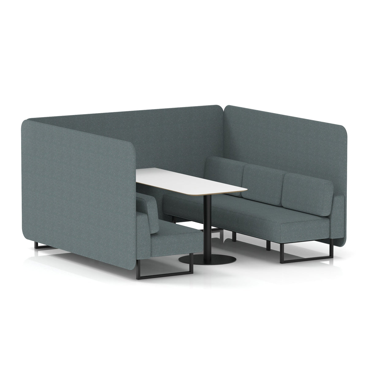 Commercial 6 Seater Privacy Booth – Bench with White Table – Single Tone – Crib 5 Main Line Flax - Westminster Panels And Sofa Black - Industrious Decor
