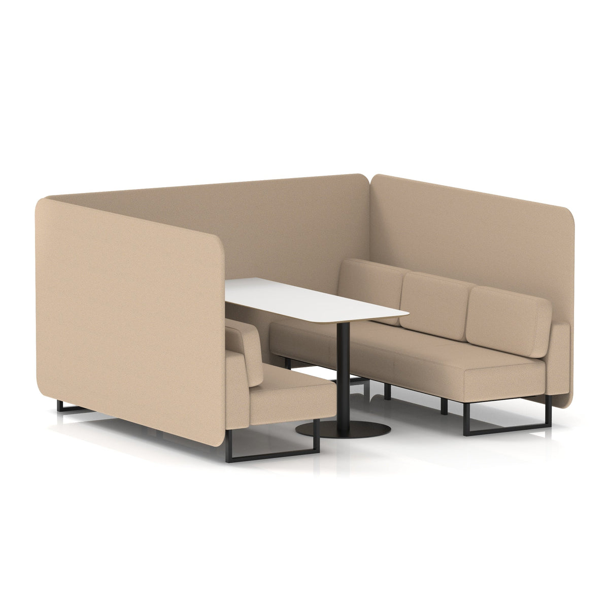 Commercial 6 Seater Privacy Booth – Bench with White Table – Single Tone – Crib 5 Synergy - Affix Panels And Sofa Black - Industrious Decor