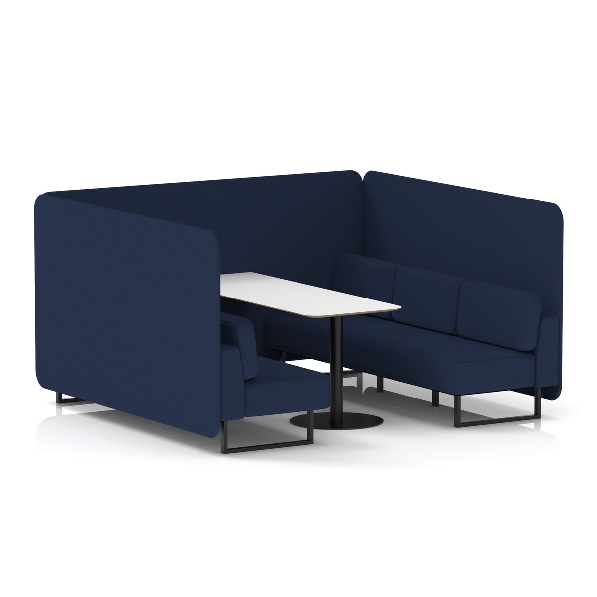 Commercial 6 Seater Privacy Booth – Bench with White Table – Single Tone – Crib 5 Synergy - Alike Panels And Sofa Black - Industrious Decor