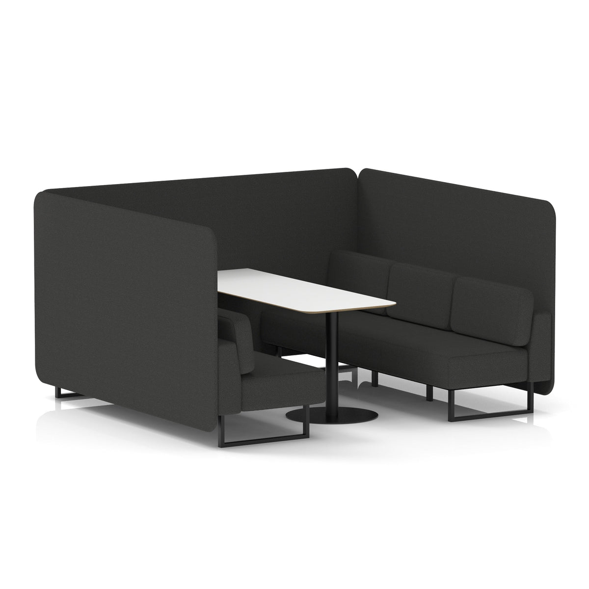 Commercial 6 Seater Privacy Booth – Bench with White Table – Single Tone – Crib 5 Synergy - Mix Panels And Sofa Black - Industrious Decor