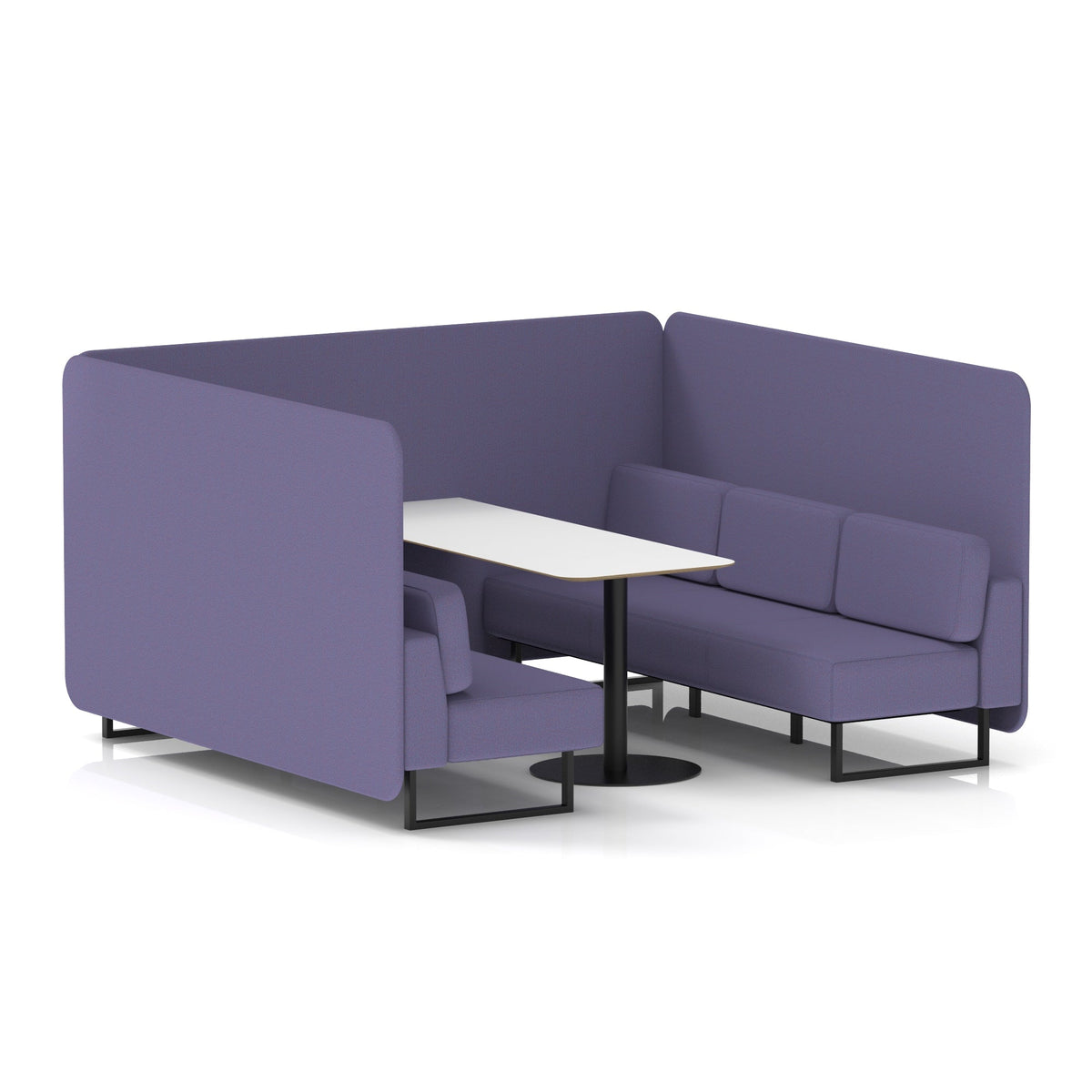 Commercial 6 Seater Privacy Booth – Bench with White Table – Single Tone – Crib 5 Synergy - Order Panels And Sofa Black - Industrious Decor