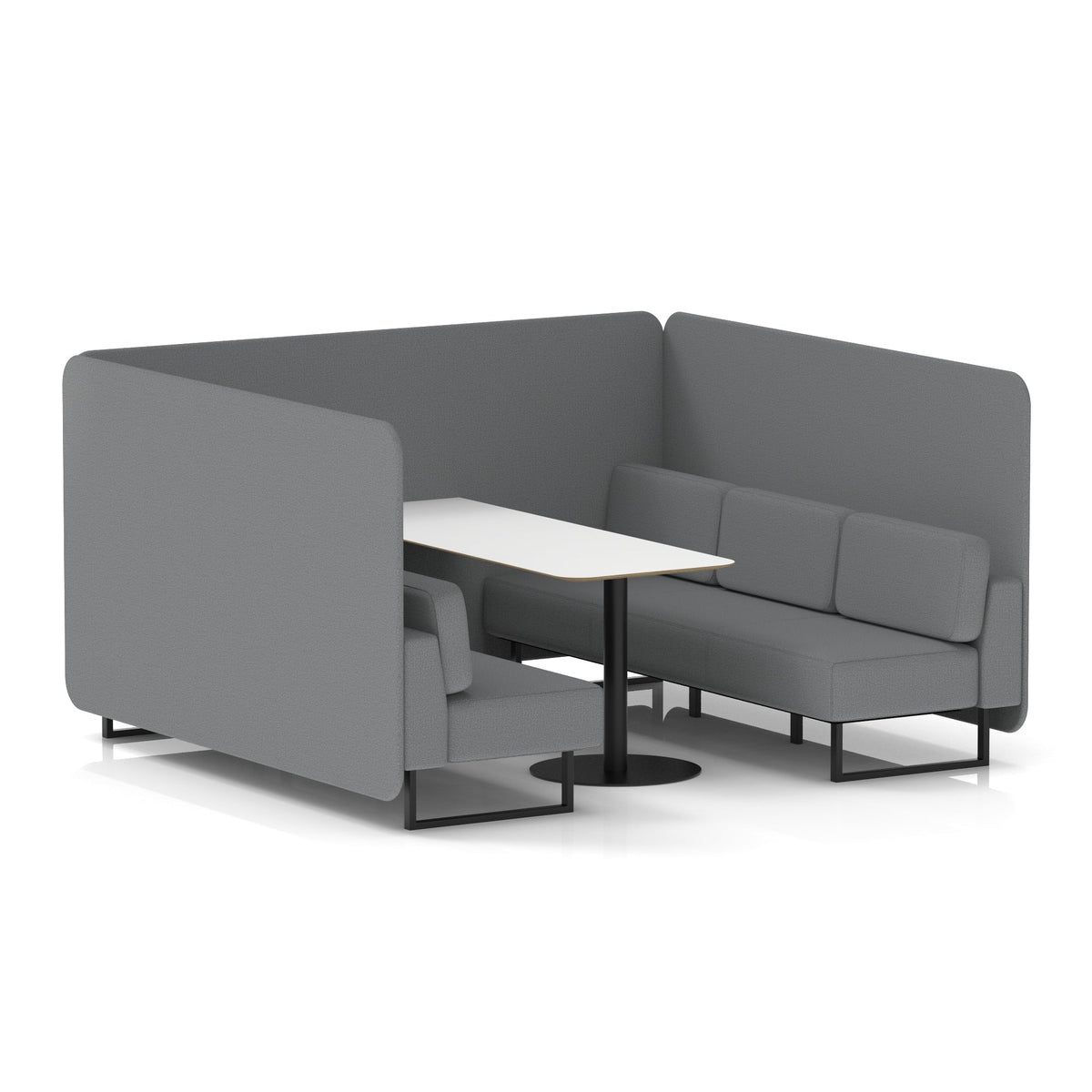 Commercial 6 Seater Privacy Booth – Bench with White Table – Single Tone – Crib 5 Synergy - Partner Panels And Sofa Black - Industrious Decor