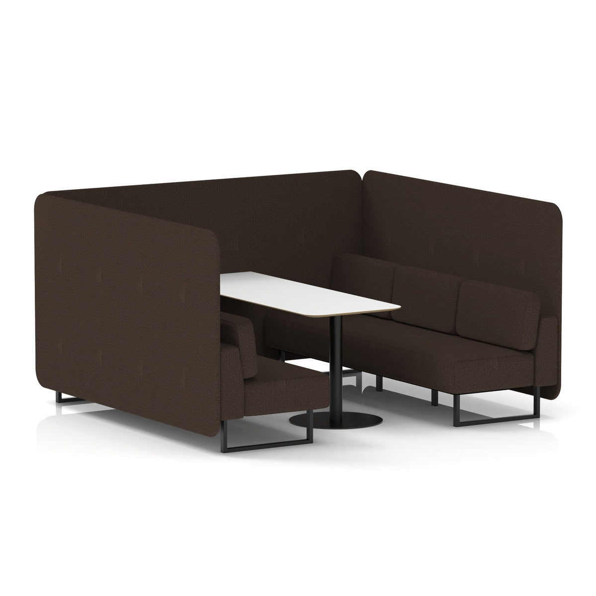 Commercial 6 Seater Privacy Booth – Bench with White Table – Single Tone – Crib 5 Synergy - Wed Panels And Sofa Black - Industrious Decor