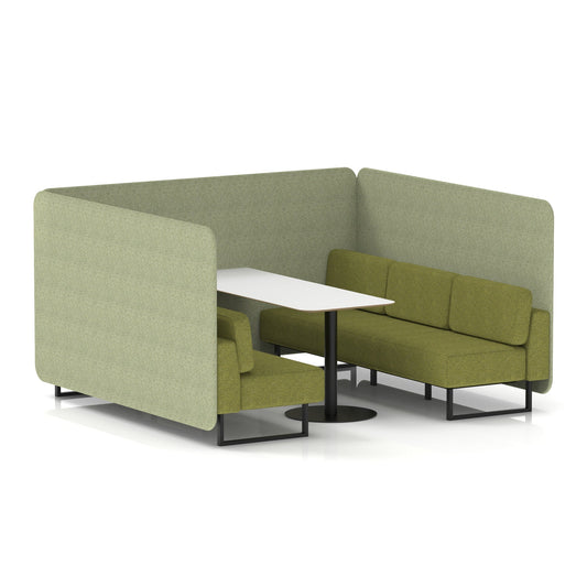Commercial 6 Seater Privacy Booth – Bench with White Table – Two Tone – Crib 5 Rivet - Burnish Panels And Olive Sofa Black - Industrious Decor