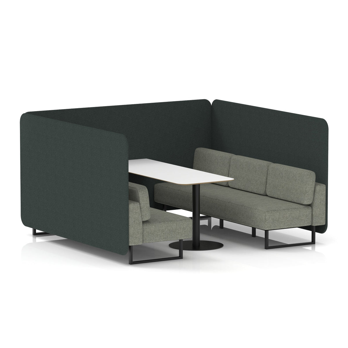 Commercial 6 Seater Privacy Booth – Bench with White Table – Two Tone – Crib 5 Rivet - Charcoal Panels And Vitreous Sofa Black - Industrious Decor