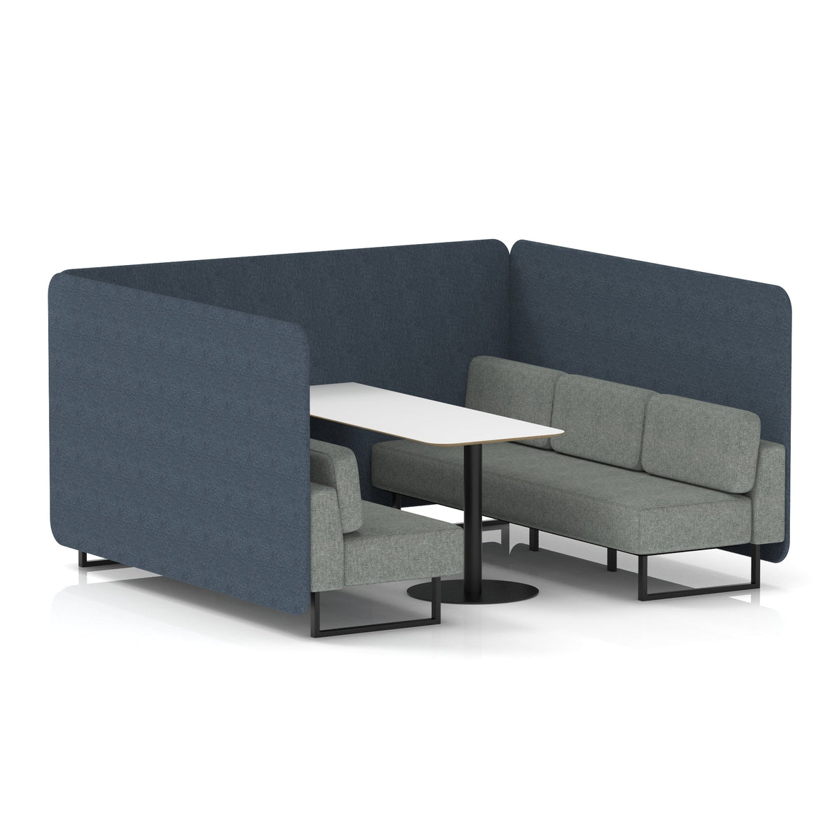Commercial 6 Seater Privacy Booth – Bench with White Table – Two Tone – Crib 5 Rivet - Crucible Panels And Prime Sofa Black - Industrious Decor