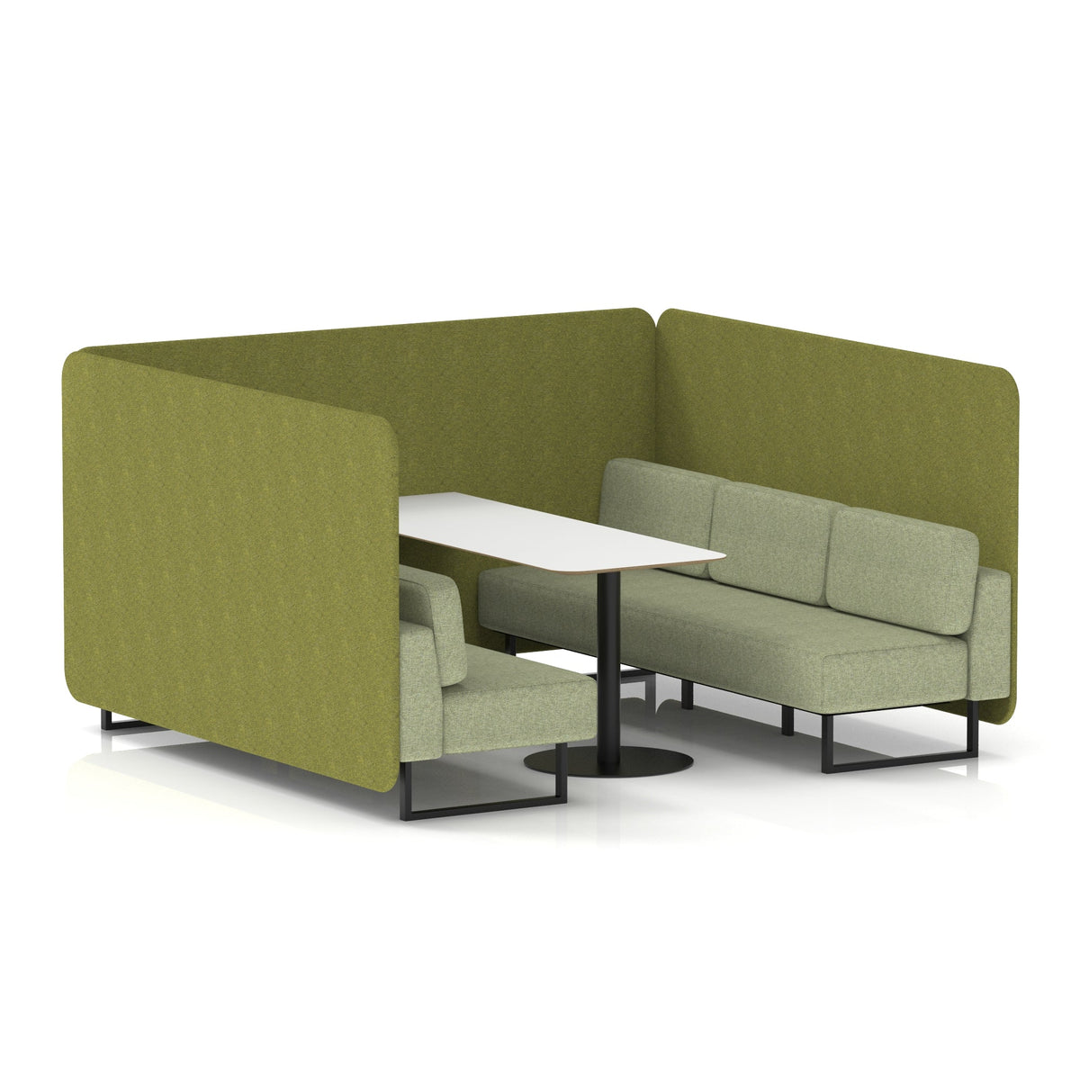 Commercial 6 Seater Privacy Booth – Bench with White Table – Two Tone – Crib 5 Rivet - Olive Panels And Burnish Sofa Black - Industrious Decor