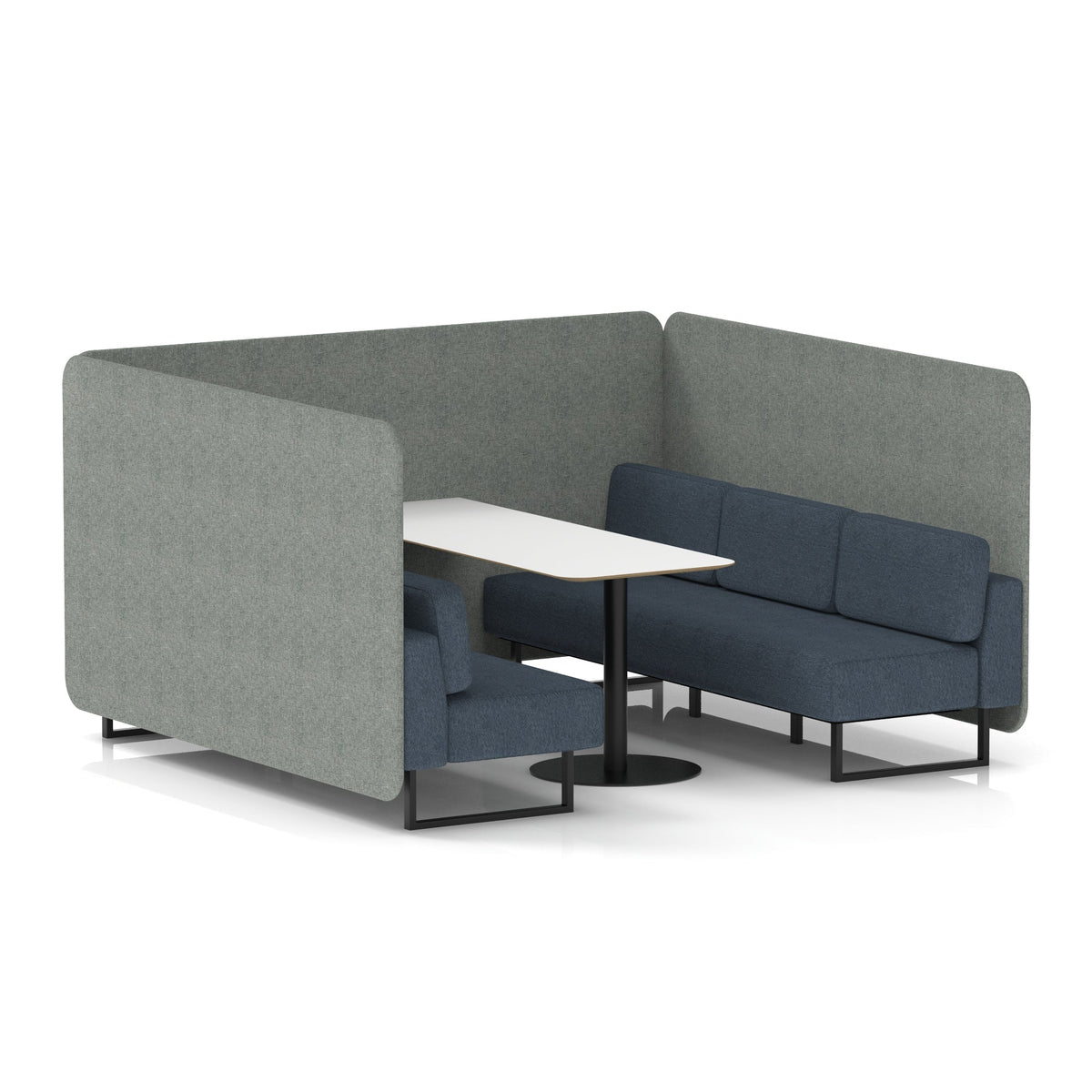 Commercial 6 Seater Privacy Booth – Bench with White Table – Two Tone – Crib 5 Rivet - Prime Panels And Crucible Sofa Black - Industrious Decor