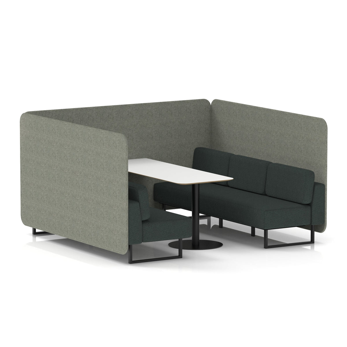 Commercial 6 Seater Privacy Booth – Bench with White Table – Two Tone – Crib 5 Rivet - Vitreous Panels And Charcoal Sofa Black - Industrious Decor