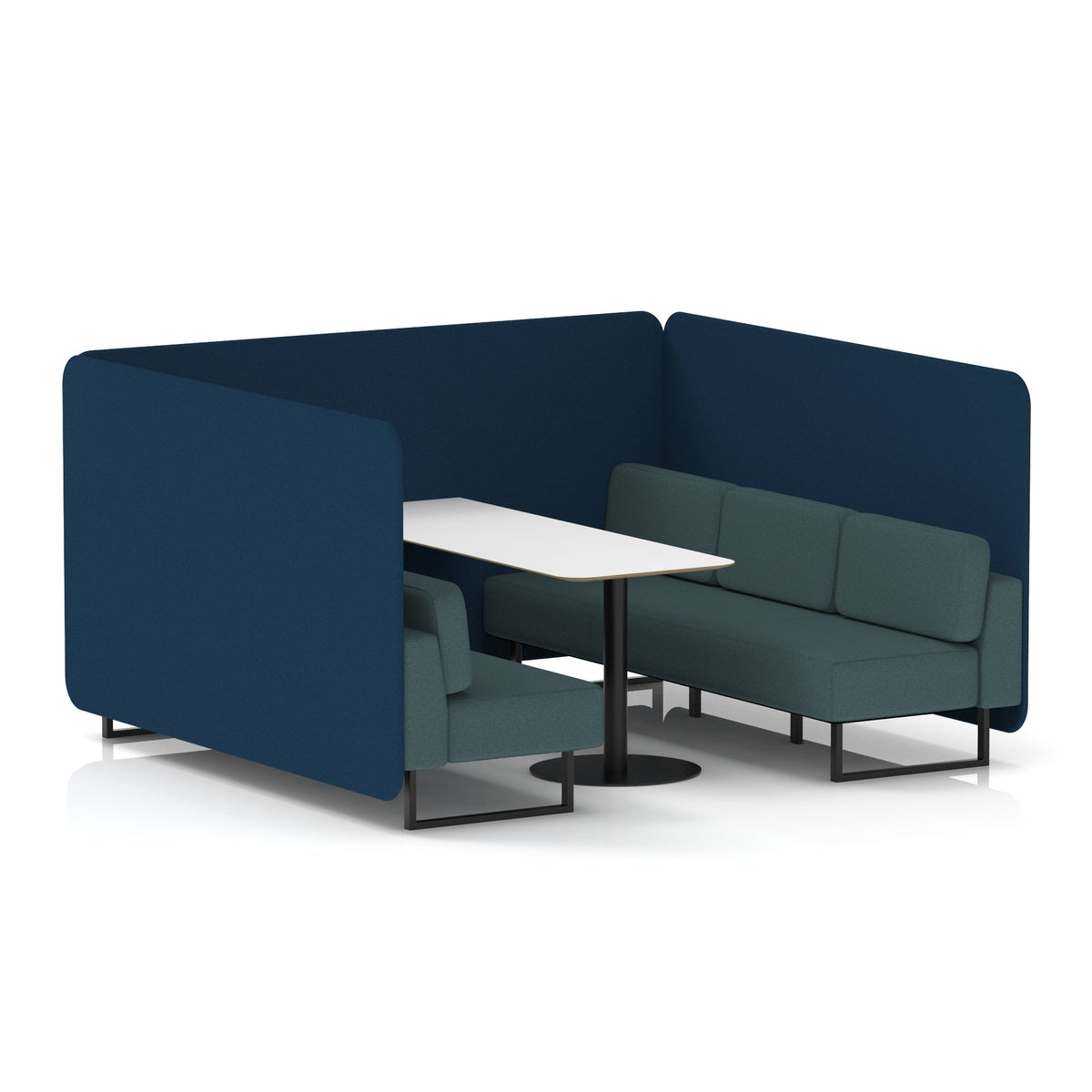 Commercial 6 Seater Privacy Booth – Bench with White Table – Two Tone – Crib 5 X2 - Calculus Panels And Polygon Sofa Black - Industrious Decor