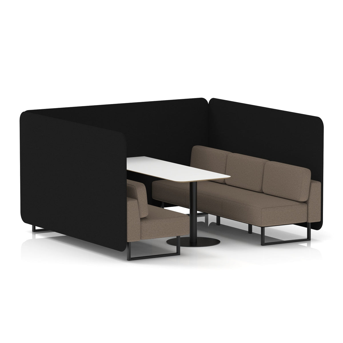 Commercial 6 Seater Privacy Booth – Bench with White Table – Two Tone – Crib 5 X2 - Diameter Panels And Theory Sofa Black - Industrious Decor