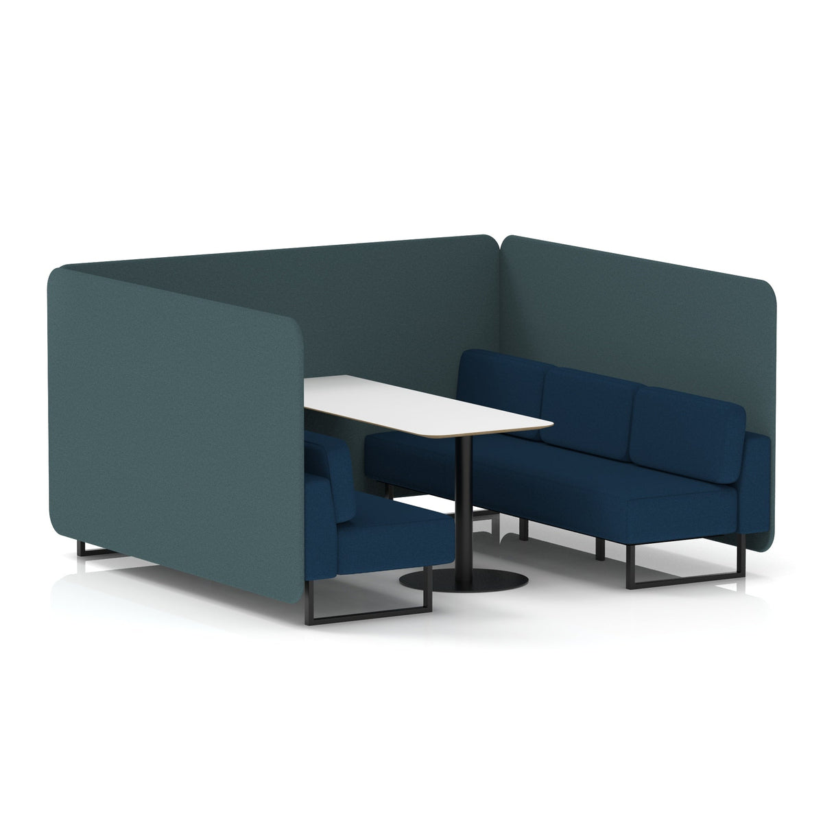 Commercial 6 Seater Privacy Booth – Bench with White Table – Two Tone – Crib 5 X2 - Polygon Panels And Calculus Sofa Black - Industrious Decor