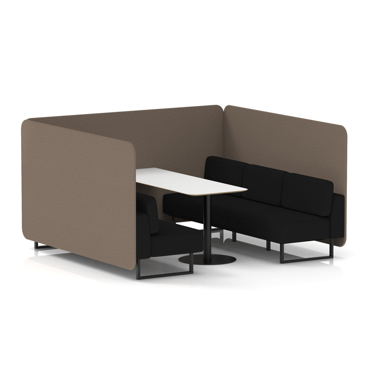 Commercial 6 Seater Privacy Booth – Bench with White Table – Two Tone – Crib 5 X2 - Theory Panels And Diameter Sofa Black - Industrious Decor