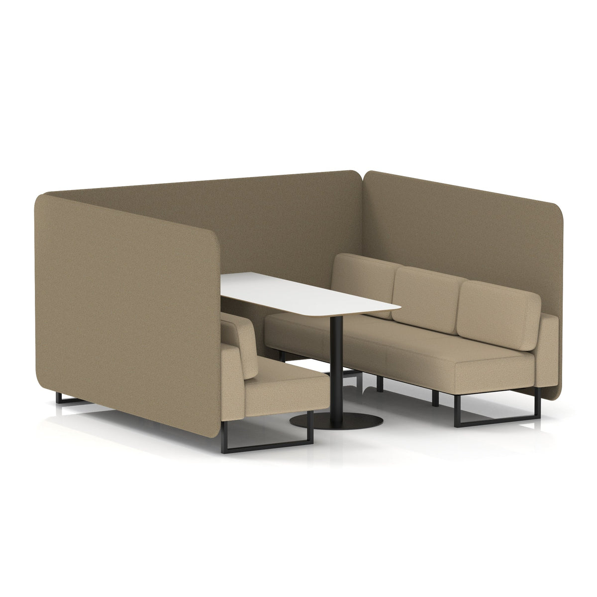Commercial 6 Seater Privacy Booth – Bench with White Table – Two Tone – Crib 5 Main Line Flax - Bank Panels And Upminster Sofa Black - Industrious Decor