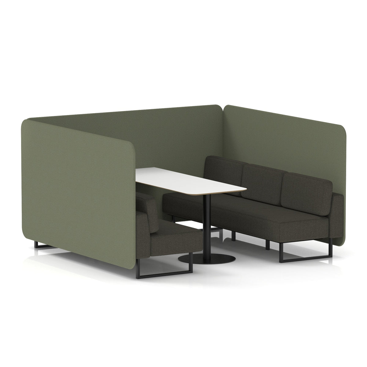 Commercial 6 Seater Privacy Booth – Bench with White Table – Two Tone – Crib 5 Main Line Flax - Monument Panels And Temple Sofa Black - Industrious Decor