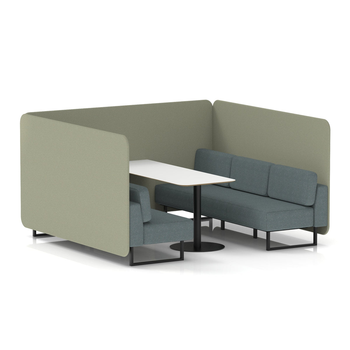 Commercial 6 Seater Privacy Booth – Bench with White Table – Two Tone – Crib 5 Main Line Flax - Newbury Panels And Westminster Sofa Black - Industrious Decor