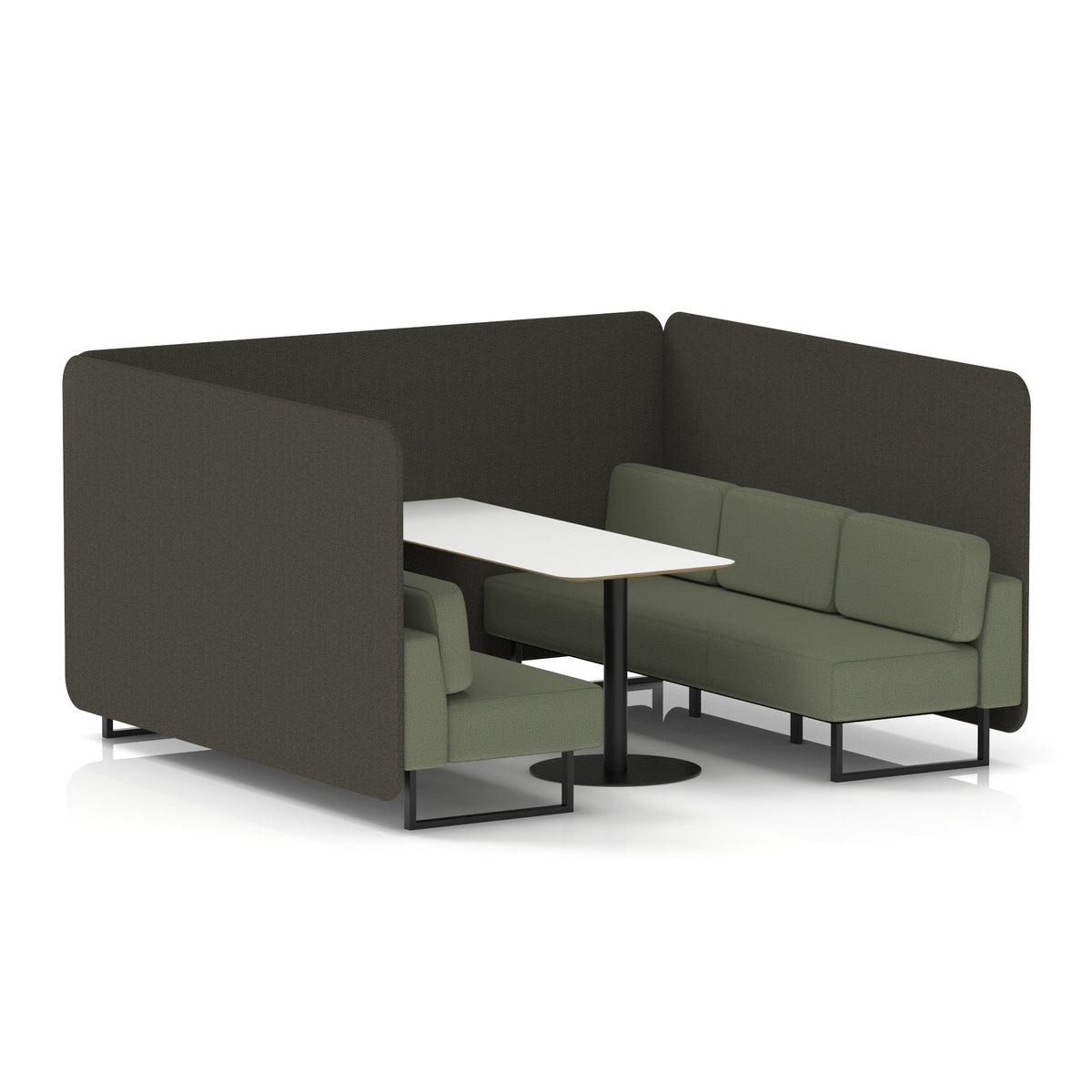 Commercial 6 Seater Privacy Booth – Bench with White Table – Two Tone – Crib 5 Main Line Flax - Temple Panels And Monument Sofa Black - Industrious Decor