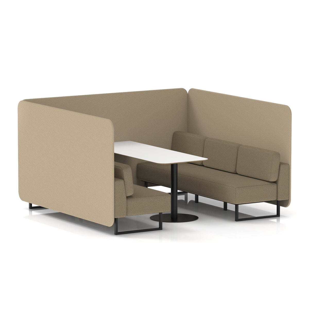 Commercial 6 Seater Privacy Booth – Bench with White Table – Two Tone – Crib 5 Main Line Flax - Upminster Panels And Bank Sofa Black - Industrious Decor