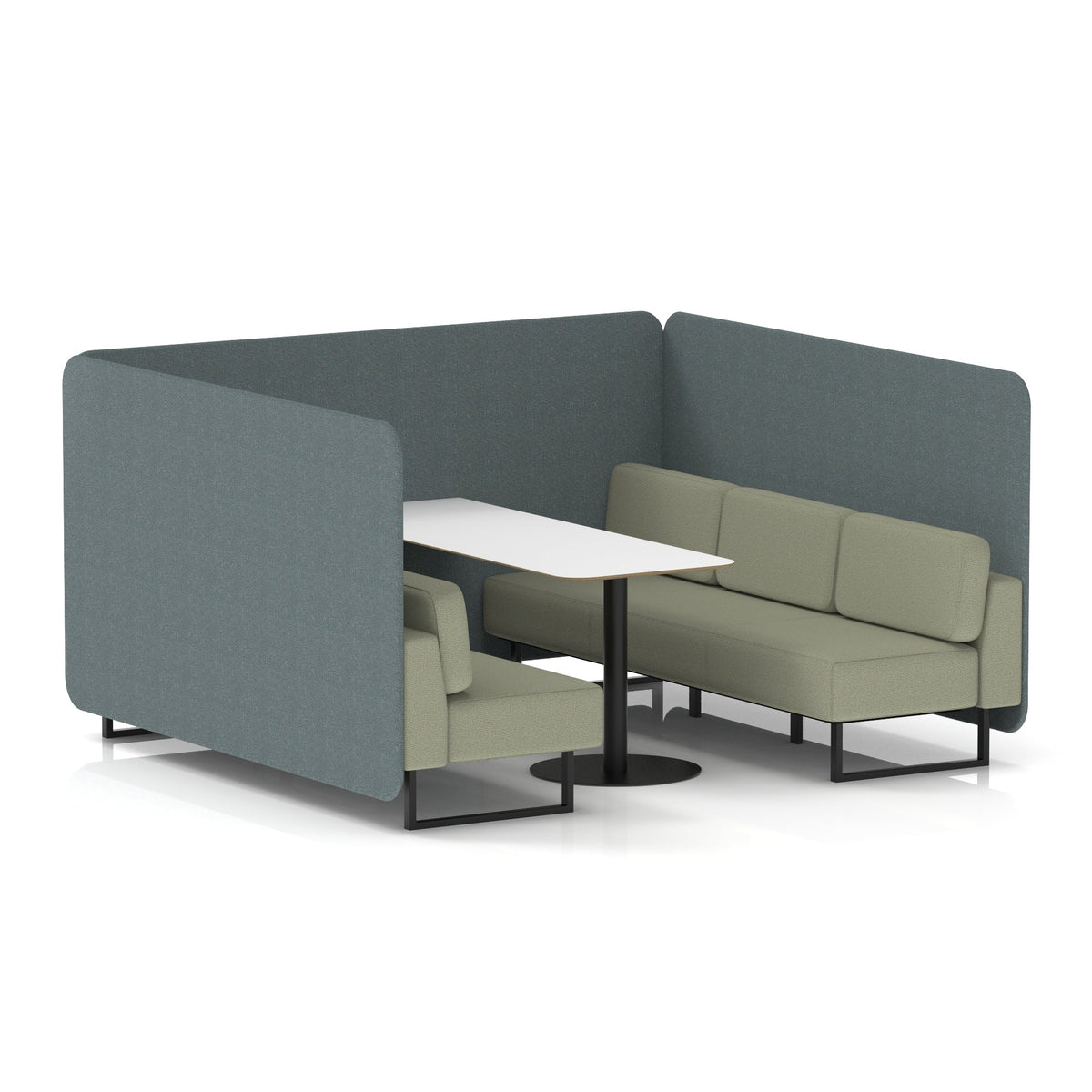 Commercial 6 Seater Privacy Booth – Bench with White Table – Two Tone – Crib 5 Main Line Flax - Westminster Panels And Newbury Sofa Black - Industrious Decor