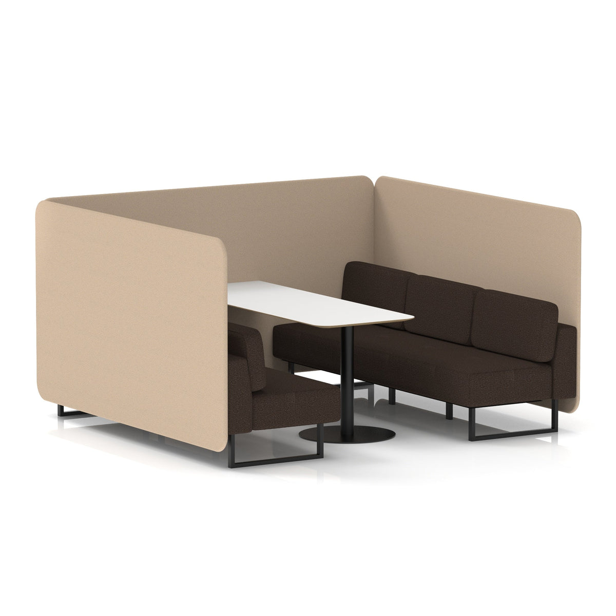 Commercial 6 Seater Privacy Booth – Bench with White Table – Two Tone – Crib 5 Synergy - Affix Panels And Wed Sofa Black - Industrious Decor