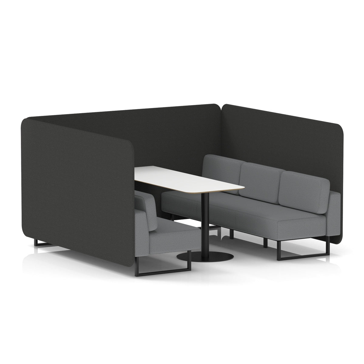Commercial 6 Seater Privacy Booth – Bench with White Table – Two Tone – Crib 5 Synergy - Mix Panels And Partner Sofa Black - Industrious Decor