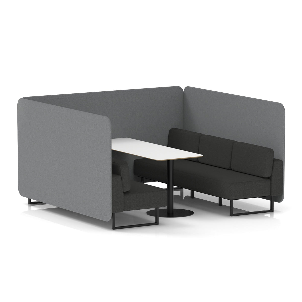 Commercial 6 Seater Privacy Booth – Bench with White Table – Two Tone – Crib 5 Synergy - Partner Panels And Mix Sofa Black - Industrious Decor