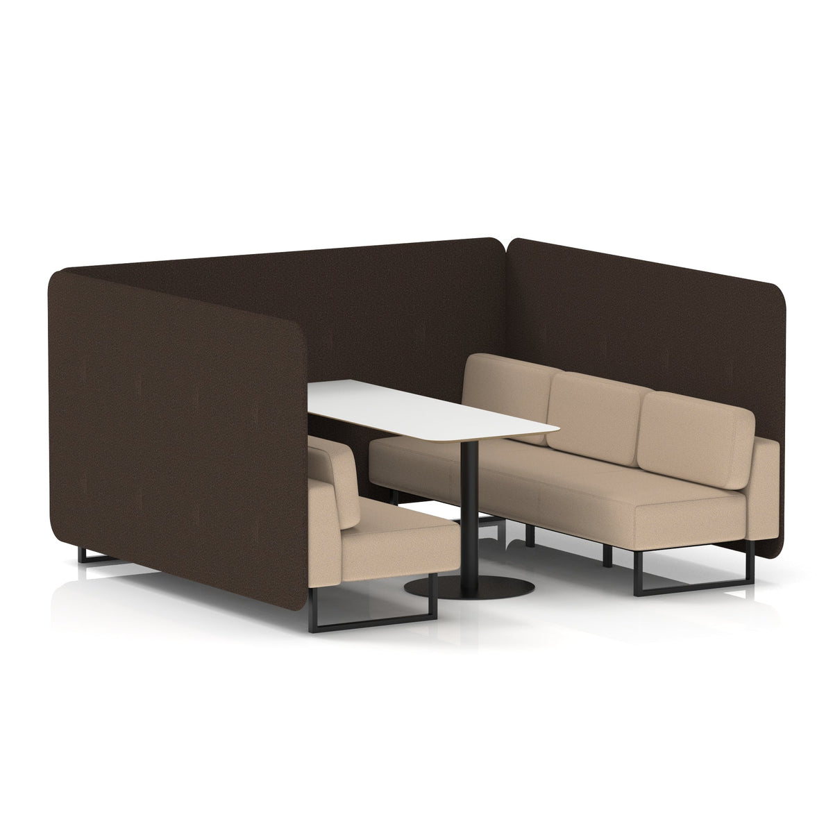 Commercial 6 Seater Privacy Booth – Bench with White Table – Two Tone – Crib 5 Synergy - Wed Panels And Affix Sofa Black - Industrious Decor