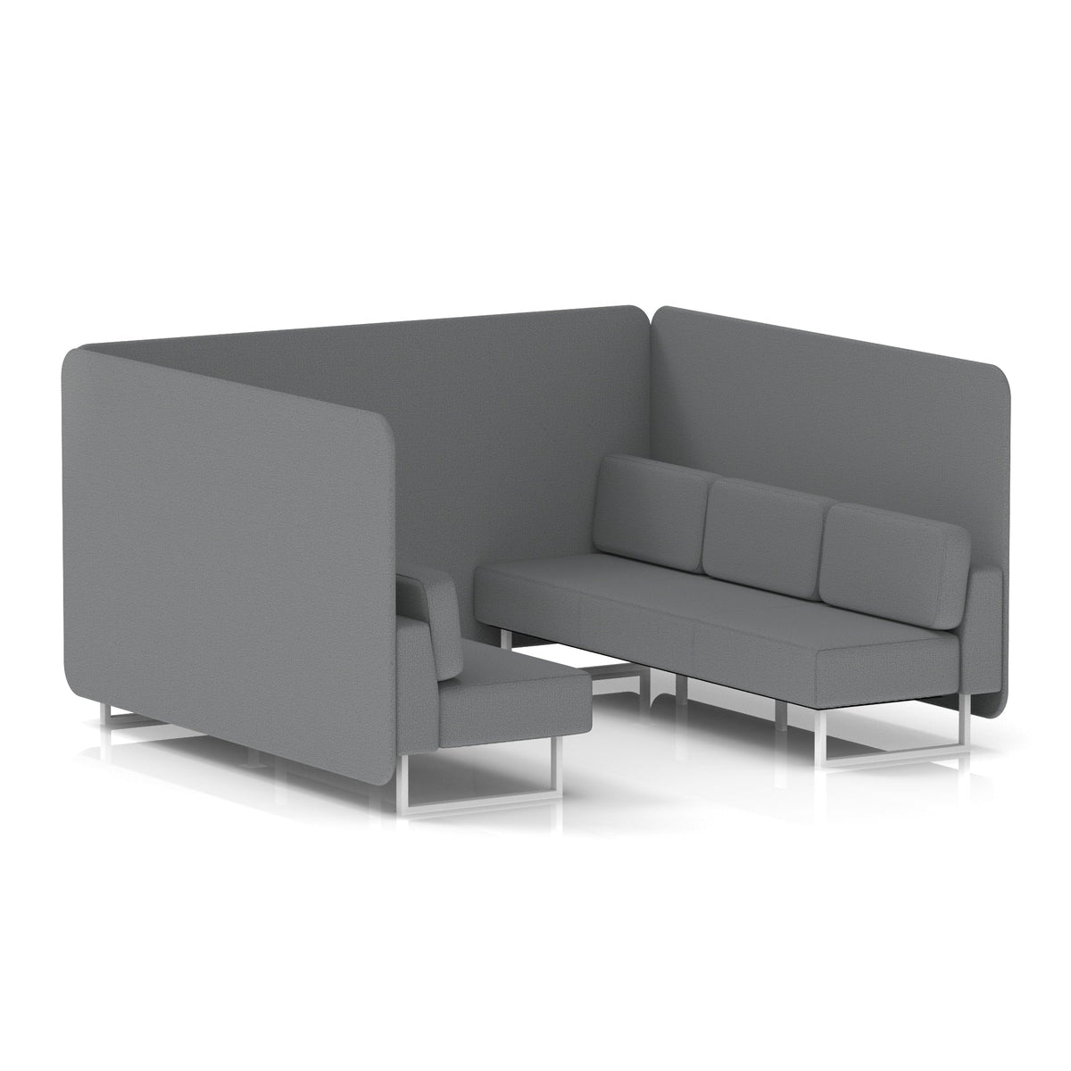 Commercial 6 Seater Privacy Booth – Bench – Single Tone – Crib 5 Synergy - Partner Panels And Sofa White - Industrious Decor