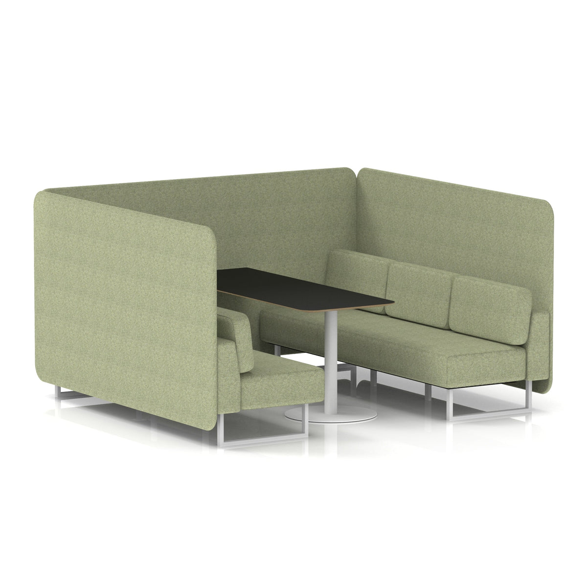 Commercial 6 Seater Privacy Booth – Bench with Black Table – Single Tone – Crib 5 Rivet - Burnish Panels And Sofa White - Industrious Decor