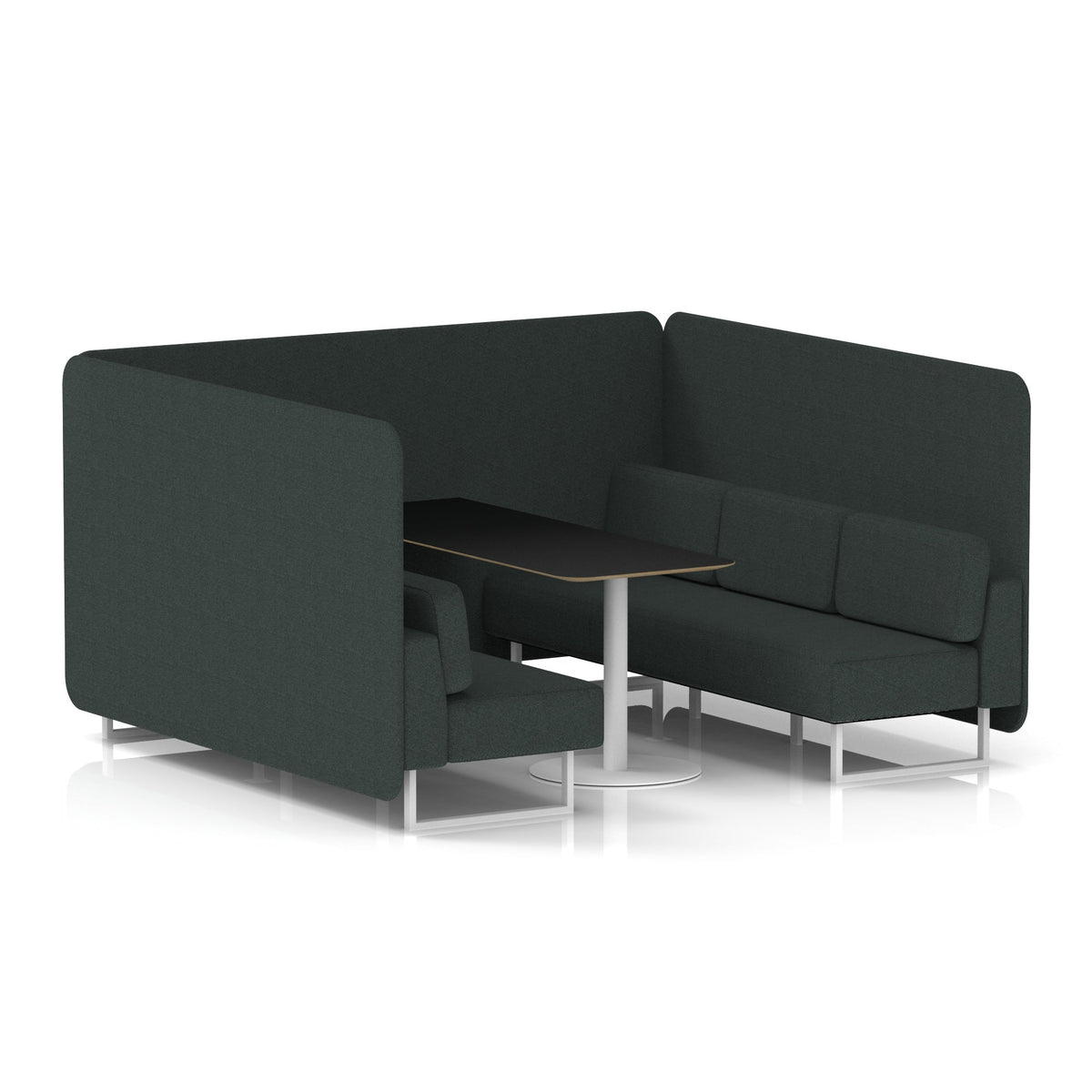 Commercial 6 Seater Privacy Booth – Bench with Black Table – Single Tone – Crib 5 Rivet - Charcoal Panels And Sofa White - Industrious Decor