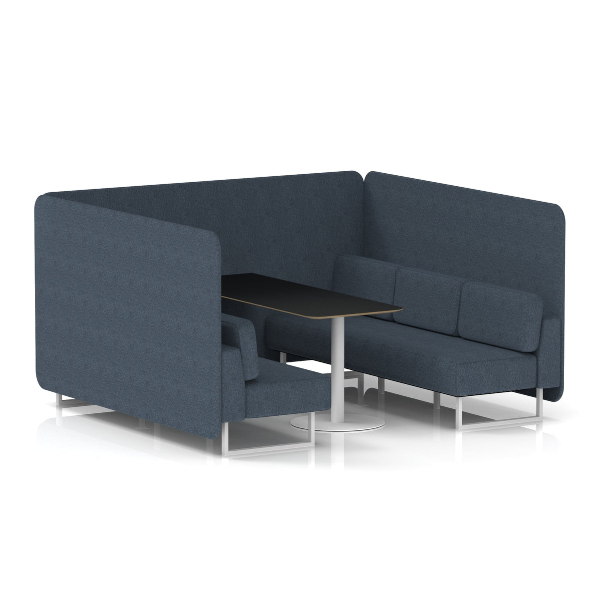 Commercial 6 Seater Privacy Booth – Bench with Black Table – Single Tone – Crib 5 Rivet - Crucible Panels And Sofa White - Industrious Decor