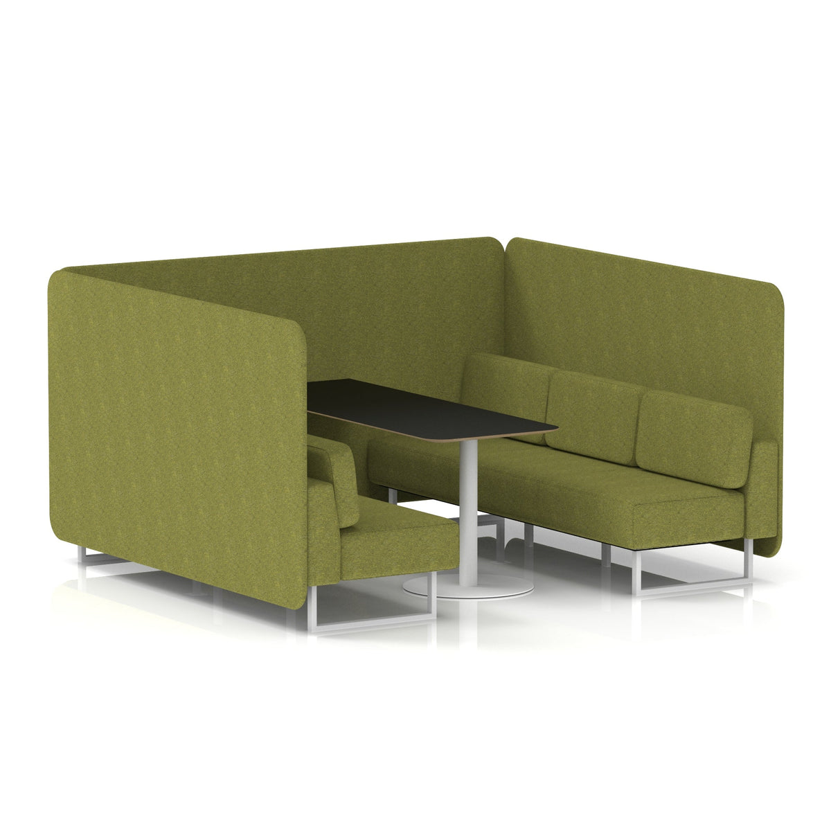 Commercial 6 Seater Privacy Booth – Bench with Black Table – Single Tone – Crib 5 Rivet - Olive Panels And Sofa White - Industrious Decor