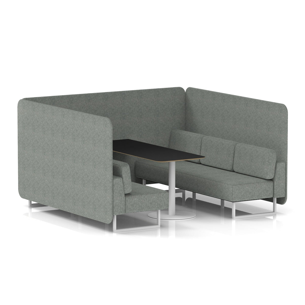Commercial 6 Seater Privacy Booth – Bench with Black Table – Single Tone – Crib 5 Rivet - Prime Panels And Sofa White - Industrious Decor